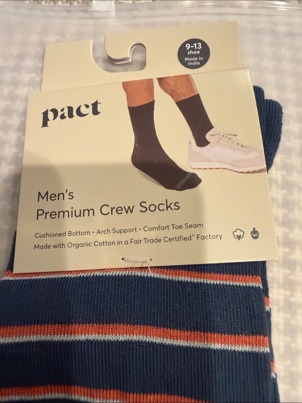 Pact Men's Organic Blend-3-Pack Socks - White Ankle & Green with Rust Stripes